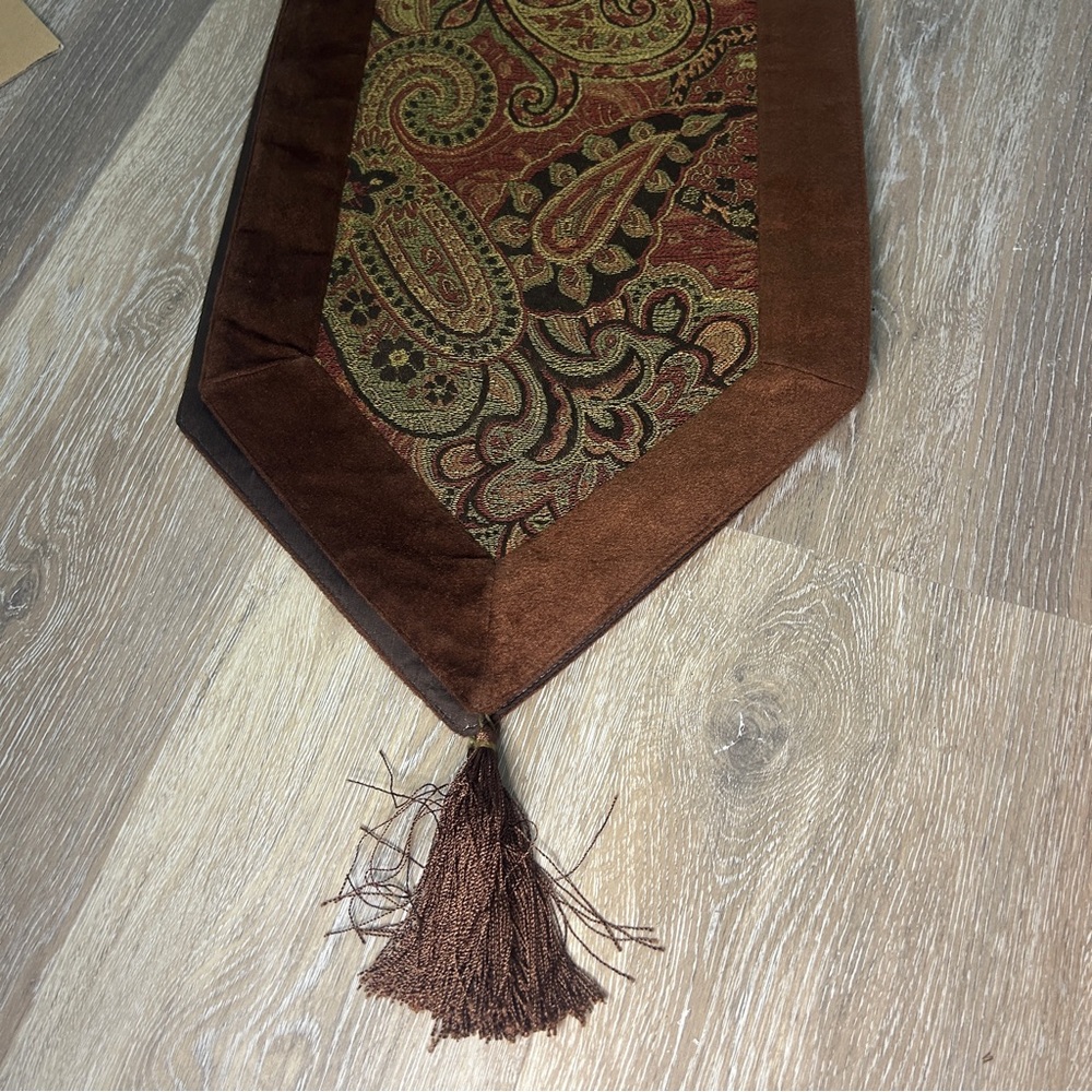 Elegant Paisley Boho Woven Table Runner w/ Tassels Brown Velvet Trim – 70” x 12”